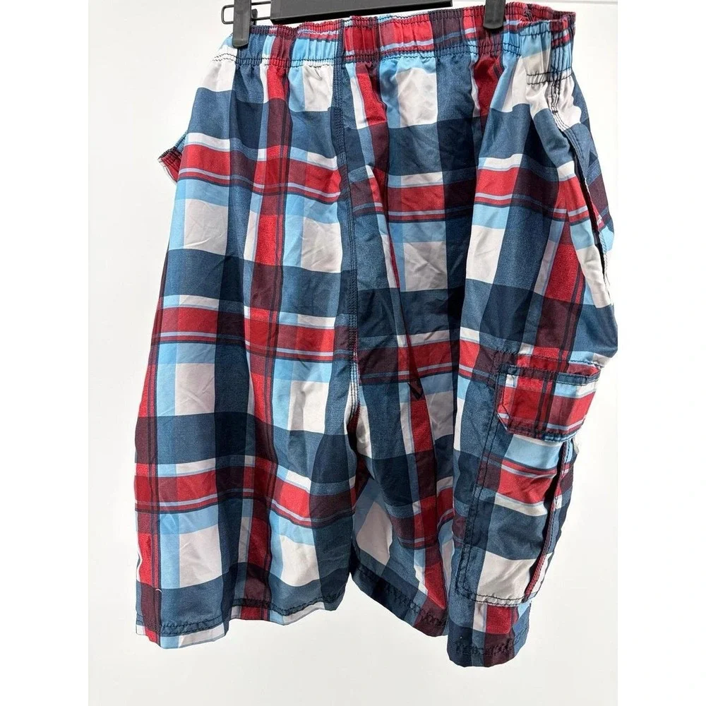 Kanu Surf Swim Trunks, Red/White/Blue Plaid Pattern,‎ Mesh Liner, Men's Size 5X